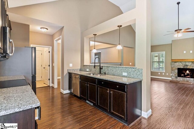 30 Caperton Way, Greer, SC 29651 - kitchen with a sink, appliances with stainless steel finishes, ceiling fan, baseboards, and dark brown cabinets