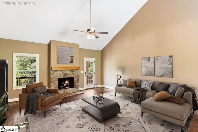 30 Caperton Way, Greer, SC 29651 - living room featuring baseboards, a ceiling fan, plenty of natural light, and high vaulted ceiling