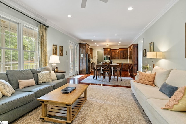 5 Fife Ct, Simpsonville, SC 29681 - living area featuring recessed lighting, crown molding, ceiling fan, and wood finished floors