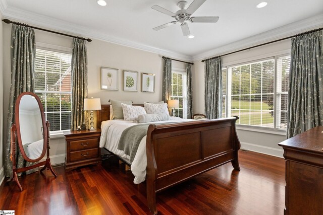 5 Fife Ct, Simpsonville, SC 29681 - bedroom featuring dark wood-style flooring, ornamental molding, multiple windows, baseboards, and recessed lighting