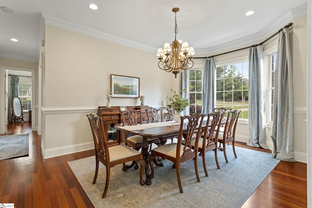 5 Fife Ct, Simpsonville, SC 29681 - dining room with a chandelier, baseboards, ornamental molding, wood finished floors, and recessed lighting