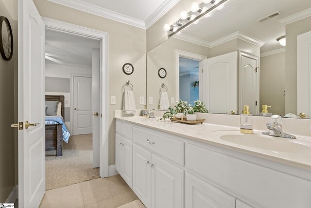 5 Fife Ct, Simpsonville, SC 29681 - ensuite bathroom featuring double vanity, crown molding, tile patterned flooring, and ceiling fan