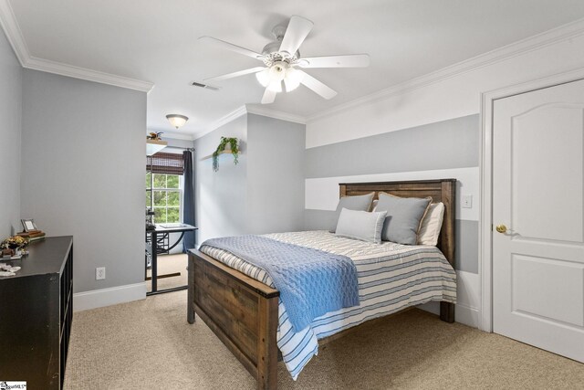 5 Fife Ct, Simpsonville, SC 29681 - bedroom with light carpet, ornamental molding, ceiling fan, and baseboards