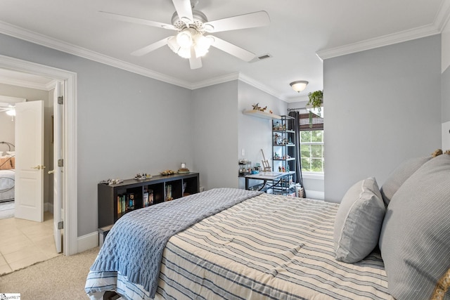 5 Fife Ct, Simpsonville, SC 29681 - bedroom featuring ornamental molding, carpet floors, baseboards, a ceiling fan, and tile patterned flooring