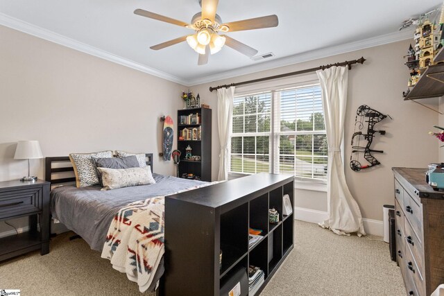 5 Fife Ct, Simpsonville, SC 29681 - bedroom featuring ornamental molding, baseboards, light colored carpet, and a ceiling fan
