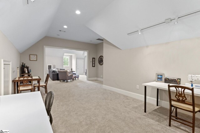 5 Fife Ct, Simpsonville, SC 29681 - office area with lofted ceiling, track lighting, carpet, baseboards, and recessed lighting