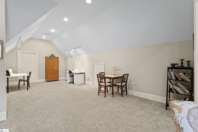 5 Fife Ct, Simpsonville, SC 29681 - game room with vaulted ceiling, carpet flooring, an office area, baseboards, and recessed lighting