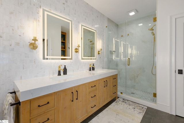 6 Terrapin Trl, Taylors, SC 29687 - bathroom with a stall shower, double vanity, and tile patterned flooring