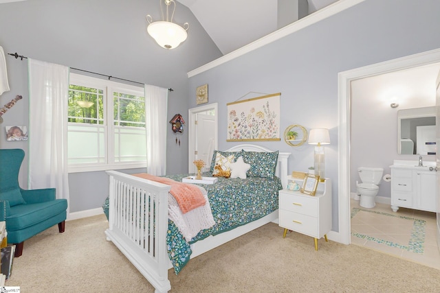 6 Terrapin Trl, Taylors, SC 29687 - carpeted bedroom with baseboards, connected bathroom, high vaulted ceiling, and tile patterned flooring
