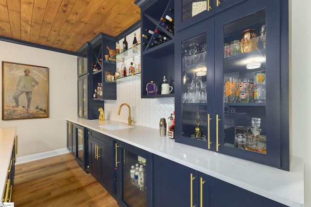 6 Terrapin Trl, Taylors, SC 29687 - indoor wet bar featuring wine cooler, baseboards, dark wood-style flooring, and wood ceiling