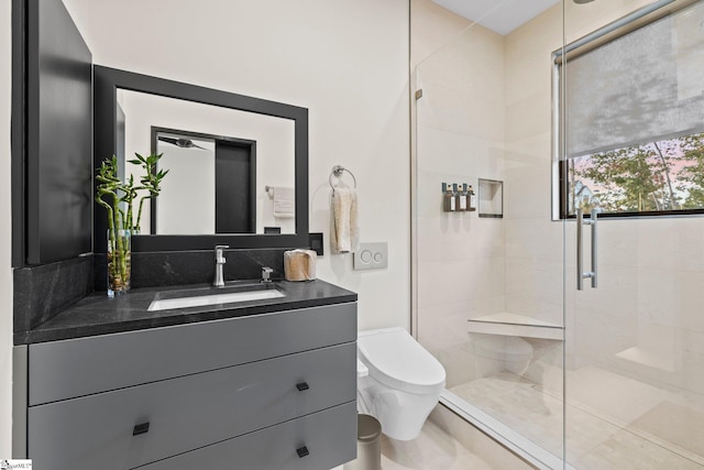 128 Sanctuary Ln, Taylors, SC 29687 - bathroom featuring toilet, vanity, and a stall shower