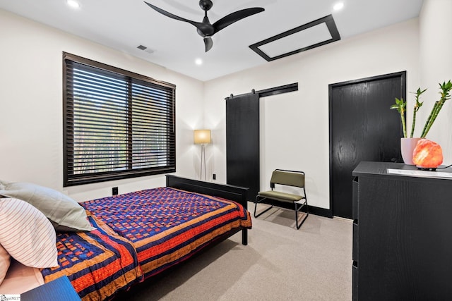 128 Sanctuary Ln, Taylors, SC 29687 - bedroom with a barn door, carpet, recessed lighting, a ceiling fan, and baseboards