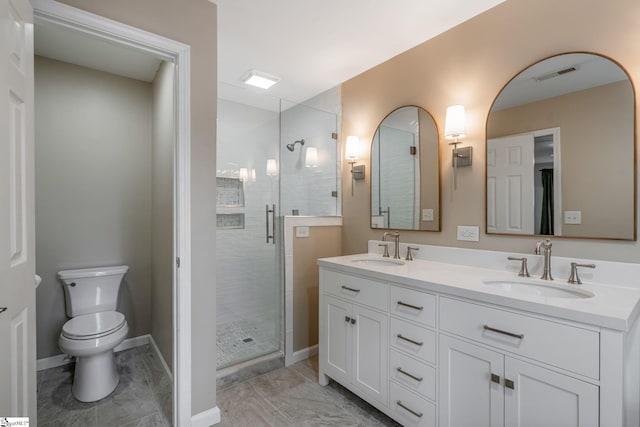 119 Circle Slope Dr, Simpsonville, SC 29681 - full bath featuring double vanity, a shower stall, toilet, marble look tiles, and baseboards
