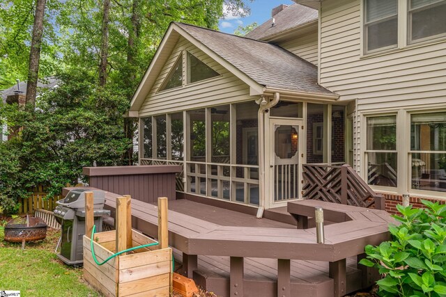 119 Circle Slope Dr, Simpsonville, SC 29681 - wooden deck featuring a sunroom, grilling area, and a hot tub
