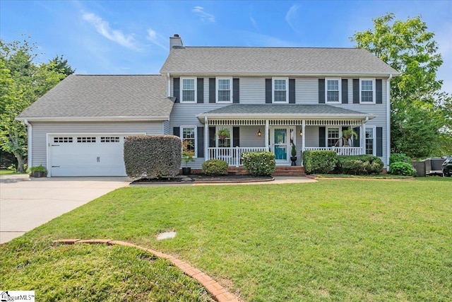 16 Chariot Ln, Simpsonville, SC 29681 - colonial home with an attached garage, a porch, a chimney, driveway, and a front yard