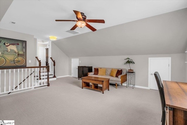 16 Chariot Ln, Simpsonville, SC 29681 - living area with ceiling fan, light carpet, baseboards, and lofted ceiling
