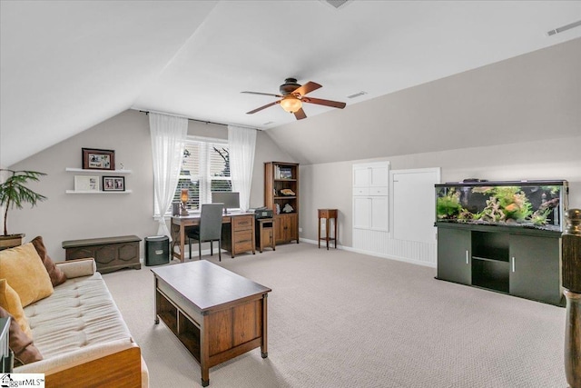 16 Chariot Ln, Simpsonville, SC 29681 - carpeted living room with vaulted ceiling, a ceiling fan, an office area, and baseboards