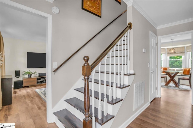 16 Chariot Ln, Simpsonville, SC 29681 - stairs featuring wood finished floors, ornamental molding, and baseboards