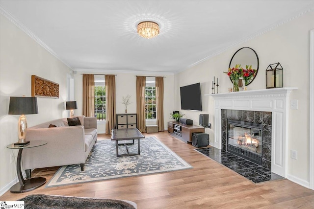 16 Chariot Ln, Simpsonville, SC 29681 - living area with wood finished floors, a premium fireplace, ornamental molding, and baseboards