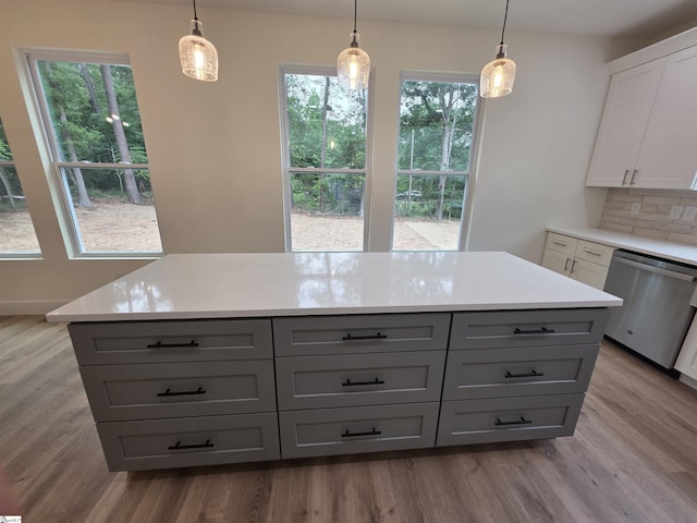 2014 Driftwood Way, Anderson, SC 29625 - kitchen featuring stainless steel dishwasher, gray cabinets, wood finished floors, light countertops, and white cabinetry