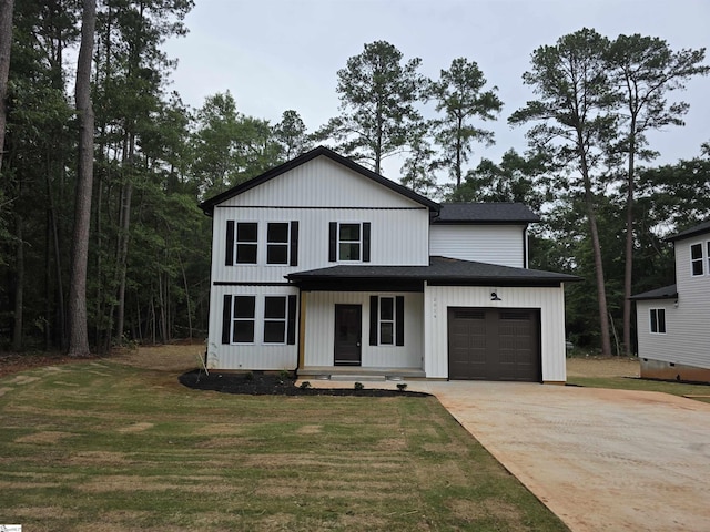 2014 Driftwood Way, Anderson, SC 29625 - modern farmhouse featuring a garage, concrete driveway, roof with shingles, a front yard, and a porch