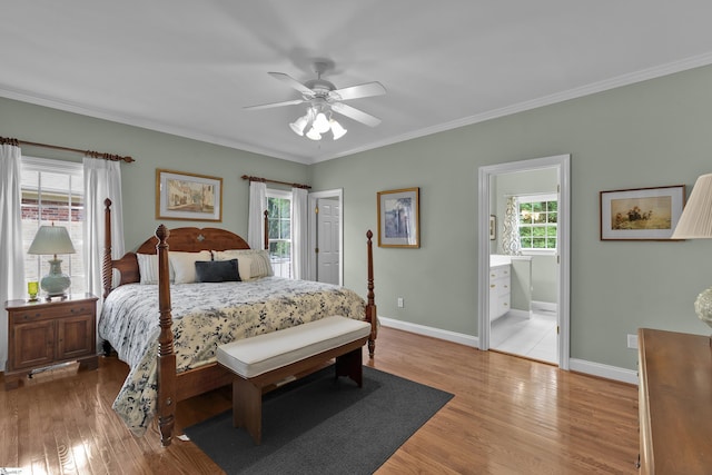 17 Bradford N Way, Greenville, SC 29617 - bedroom with crown molding, light wood-type flooring, baseboards, ensuite bathroom, and a ceiling fan