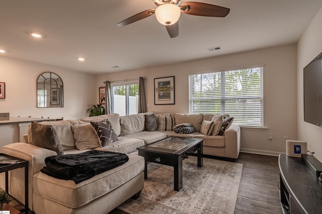 304 Oakmont Valley Trl, Seneca, SC 29678 - living room with dark wood finished floors, a ceiling fan, baseboards, and recessed lighting