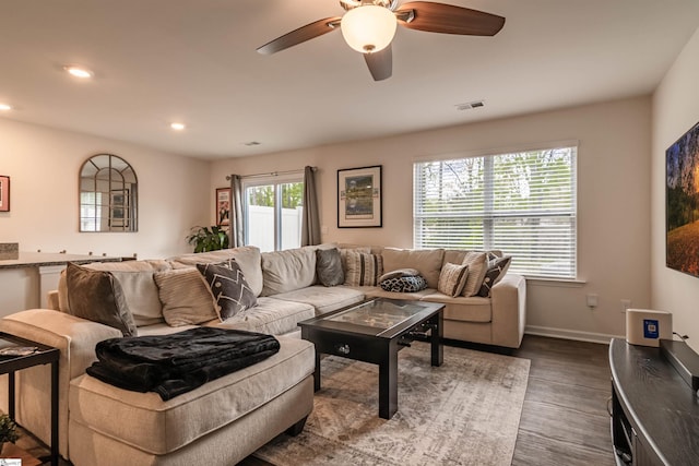 304 Oakmont Valley Trl, Seneca, SC 29678 - living room with dark wood finished floors, baseboards, a ceiling fan, and recessed lighting
