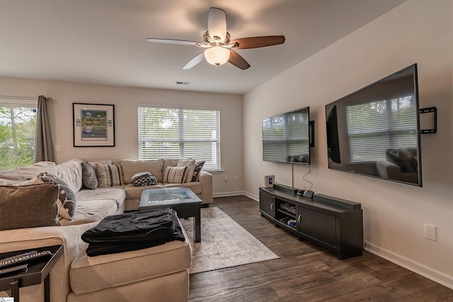 304 Oakmont Valley Trl, Seneca, SC 29678 - living room featuring a ceiling fan, dark wood finished floors, and baseboards