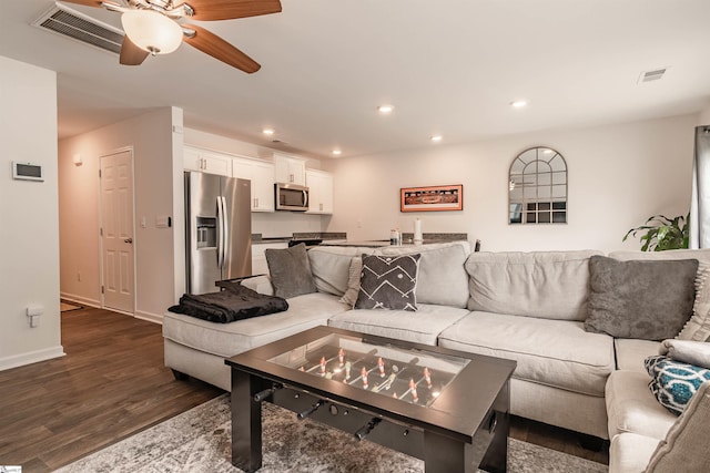 304 Oakmont Valley Trl, Seneca, SC 29678 - living area with dark wood-style floors, a ceiling fan, recessed lighting, and baseboards