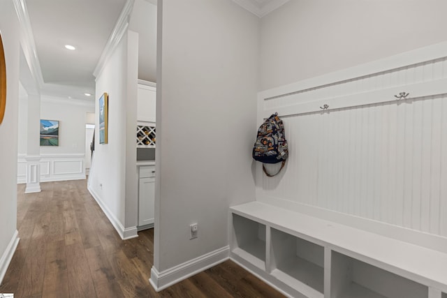 712 Paxton Rose Dr, Greer, SC 29650 - mudroom with crown molding, dark wood finished floors, and recessed lighting