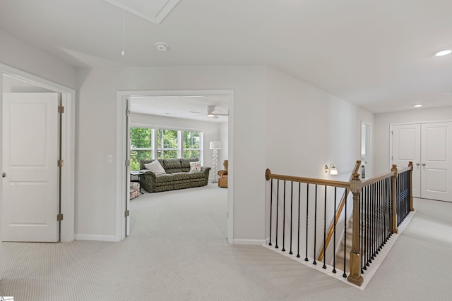 712 Paxton Rose Dr, Greer, SC 29650 - hall with attic access, carpet floors, an upstairs landing, baseboards, and recessed lighting