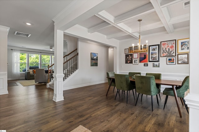 712 Paxton Rose Dr, Greer, SC 29650 - dining space featuring wood finished floors, stairs, a chandelier, beam ceiling, and coffered ceiling