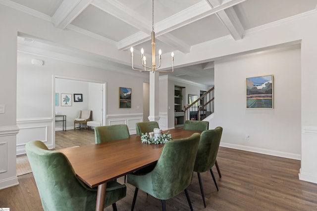 712 Paxton Rose Dr, Greer, SC 29650 - dining area with decorative columns, coffered ceiling, dark wood-style flooring, a chandelier, and beamed ceiling