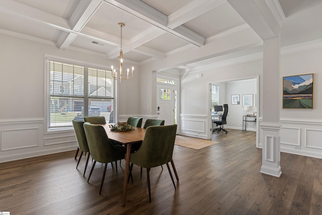 712 Paxton Rose Dr, Greer, SC 29650 - dining area with ornate columns, healthy amount of natural light, beam ceiling, a chandelier, and coffered ceiling