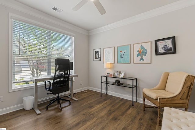 712 Paxton Rose Dr, Greer, SC 29650 - office area featuring plenty of natural light, crown molding, a ceiling fan, and dark wood-type flooring