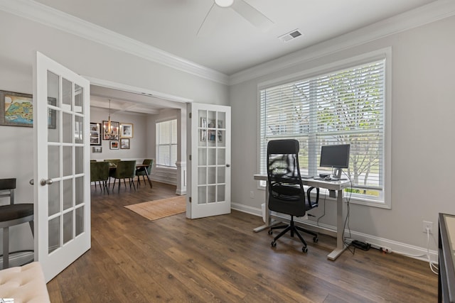712 Paxton Rose Dr, Greer, SC 29650 - office with french doors, crown molding, dark wood-style floors, healthy amount of natural light, and ceiling fan