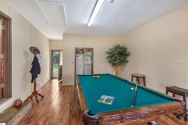101 Myrtle St, Lavonia, GA 30553 - game room featuring billiards table, attic access, wood finished floors, and a decorative wall