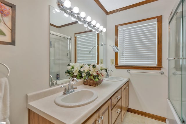 101 Myrtle St, Lavonia, GA 30553 - full bathroom featuring crown molding, double vanity, combined bath / shower with glass door, and baseboards