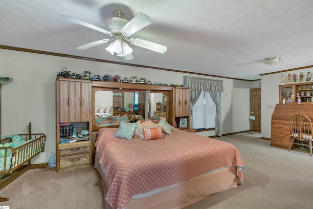 101 Myrtle St, Lavonia, GA 30553 - carpeted bedroom with ornamental molding, baseboards, a textured ceiling, and a ceiling fan