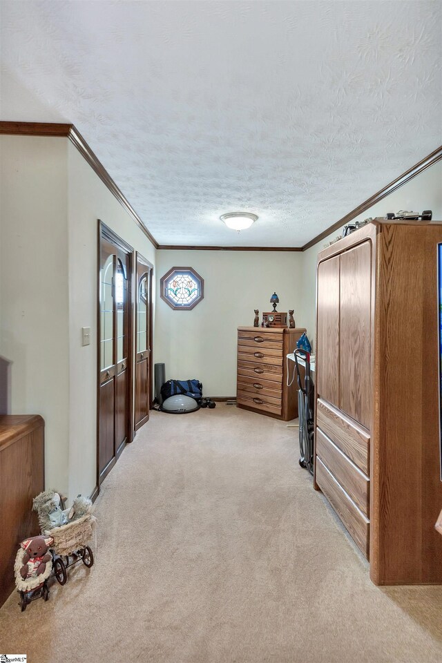101 Myrtle St, Lavonia, GA 30553 - bedroom featuring ornamental molding, light colored carpet, and a textured ceiling