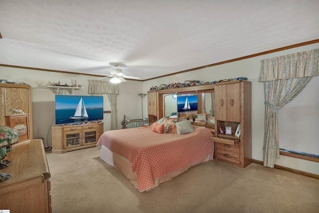 101 Myrtle St, Lavonia, GA 30553 - bedroom featuring carpet, a ceiling fan, baseboards, crown molding, and a textured ceiling