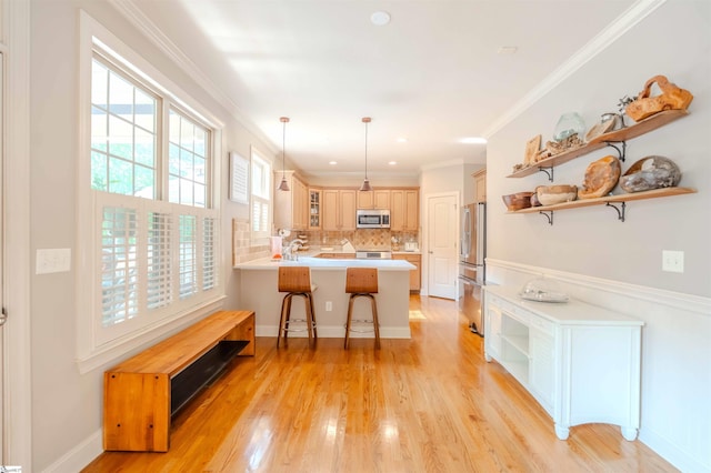 9 Windswept Knoll Dr, Taylors, SC 29687 - kitchen featuring open shelves, appliances with stainless steel finishes, a peninsula, a kitchen breakfast bar, and light countertops
