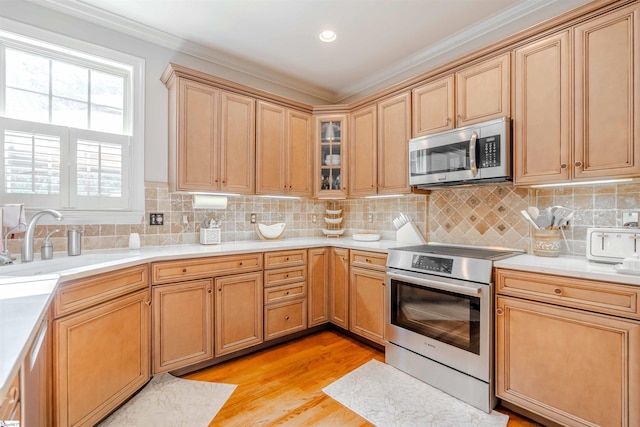 9 Windswept Knoll Dr, Taylors, SC 29687 - kitchen with appliances with stainless steel finishes, crown molding, a sink, light countertops, and backsplash
