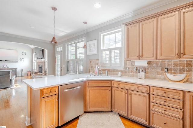 9 Windswept Knoll Dr, Taylors, SC 29687 - kitchen with dishwasher, a sink, a peninsula, open floor plan, and ornamental molding