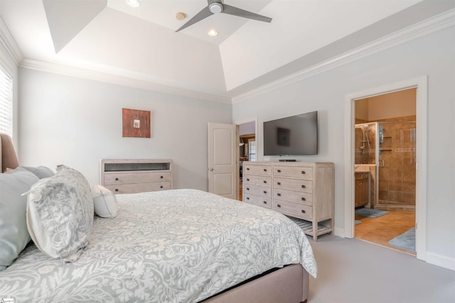 9 Windswept Knoll Dr, Taylors, SC 29687 - bedroom with light colored carpet, crown molding, ensuite bathroom, a tray ceiling, and ceiling fan