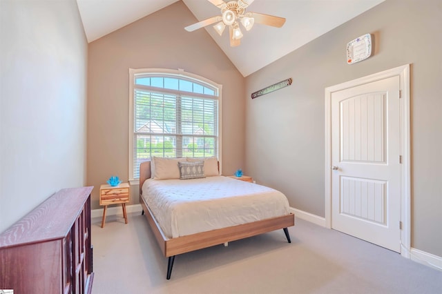 9 Windswept Knoll Dr, Taylors, SC 29687 - bedroom featuring light colored carpet, baseboards, high vaulted ceiling, and a ceiling fan