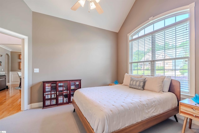 9 Windswept Knoll Dr, Taylors, SC 29687 - bedroom featuring lofted ceiling, baseboards, light carpet, a ceiling fan, and ornamental molding