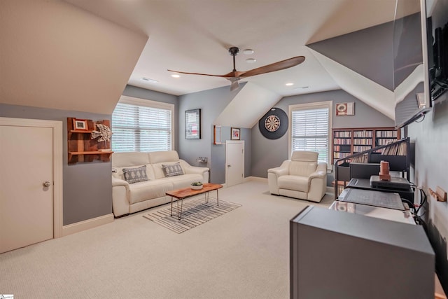 9 Windswept Knoll Dr, Taylors, SC 29687 - carpeted living room featuring a ceiling fan, vaulted ceiling, baseboards, and recessed lighting