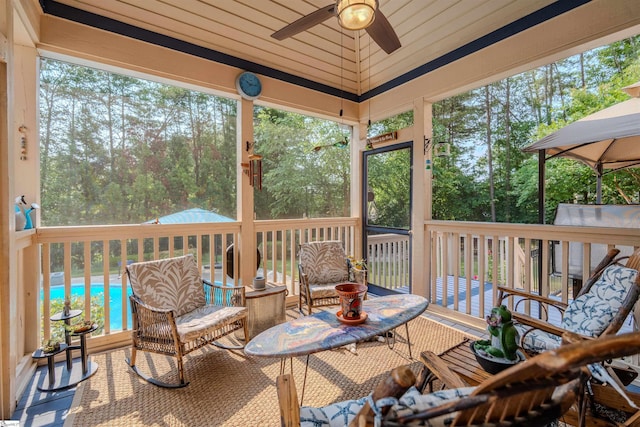 9 Windswept Knoll Dr, Taylors, SC 29687 - wooden terrace featuring a ceiling fan and view of wooded area
